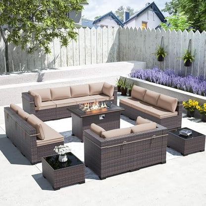ASJMR Outdoor Patio Furniture Set with Fire Pit Table, 15 Pieces Outdoor Furniture Set Patio Sectional Sofa w/43in Propane Fire Pit, PE Wicker Rattan Patio Conversation Sets - Brown