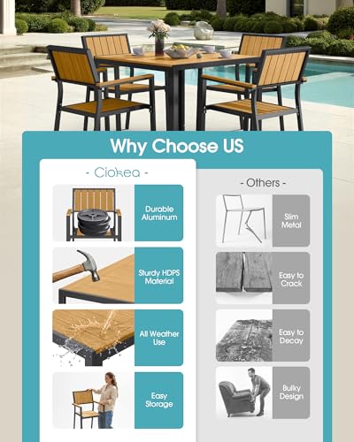 Aluminum Outdoor Dining Set, Patio Square Table and Stackable Chairs, Teak