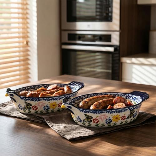 Uiifan 27 oz Ceramic Casserole Dishes Chicken Shape Vintage Pie Pan Bakeware Butterfly and Flower Pattern Plate Lasagna Pans Soup Bowl for Oven, Dishwasher and Microwave Safe