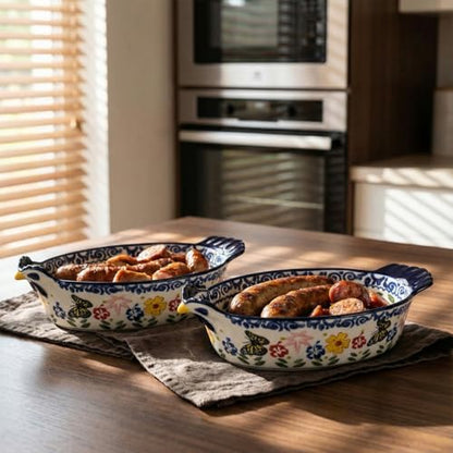 Uiifan 27 oz Ceramic Casserole Dishes Chicken Shape Vintage Pie Pan Bakeware Butterfly and Flower Pattern Plate Lasagna Pans Soup Bowl for Oven, Dishwasher and Microwave Safe