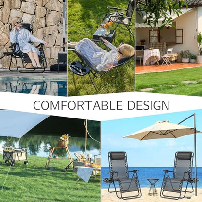 Sweetcrispy Zero Gravity Chairs Set of 2, Outdoor Folding Patio Lounge Chair with Cup Holder Tray, Portable Beach Camping Recliner for Poolside, Garden, Backyard, Lawn, Solid Black