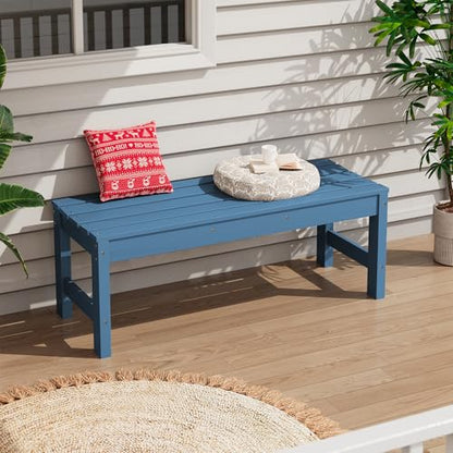 SERWALL 47 Inches Outdoor Bench, All Weather HDPE Backless Bench with Wood Grain Texture for Garden Porch and Park, Curved Bench Seat for Comfort, Blue