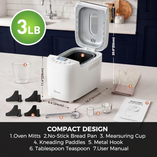 Davivy Bread Maker Machine 3LB with 2 Dough Kneading Paddles,15-in-1 Automatic Large Capacity Bread Machine Nonstick Bowl For Bread, Jam& Yogurt, 3 Loaf Sizes and 3 crust settings（silver，1.5kg）