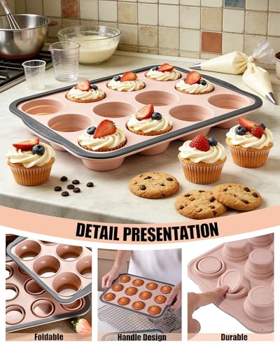 LGQUK Silicone Muffin Pan for Baking with Metal Frame， Nonstick Cupcake Pan， 12 Cup Baking Pan for Cupcake, Tarts, Egg Bites(12 Cup Pink)