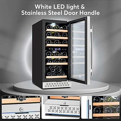 Tylza Mini Fridge 15 Inch Wine Cooler Under Counter, 30 Bottles Dual Zone Wine Fridge with Safty Lock, Wine Refrigerator Freestanding, Built-in Wine Cellars