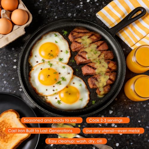 Asderote 6 Piece Pre-Seasoned Cast Iron Cookware Set – Incl. 5QT Dutch Oven with Lid, 8'' and 10.25'' Cast Iron Skillets, 10.5'' Round Griddle, and a Square Grill Pan for Kitchen, Stovetop, & Camping