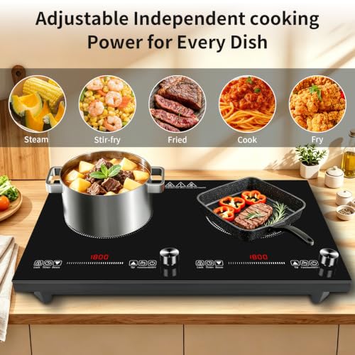 HUIPUSHE 2 burner induction cooktop,110V3600W 24 inch induction hot plate,induction stove top with LED touch and Knob Control, with 9 Power Levels, Kids Lock & 4H,24 Inch double induction cooktop