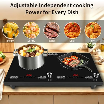 HUIPUSHE 2 burner induction cooktop,110V3600W 24 inch induction hot plate,induction stove top with LED touch and Knob Control, with 9 Power Levels, Kids Lock & 4H,24 Inch double induction cooktop