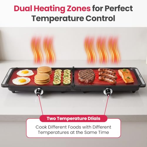 SUNVIVIPRO 38" x 10" Foldable Electric Griddle with 2 Cooking Zones