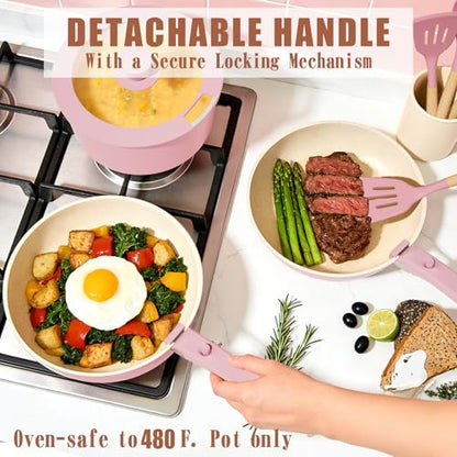 Umite Chef Pots and Pans Set Non Stick, 21 pcs Nonstick Ceramic Cookware Set, RV Kitchen Cooking Set with Detachable Handles, Oven Safe, Induction Cookware, Stackable, Pink, PFAS PFOA & PTFE Free
