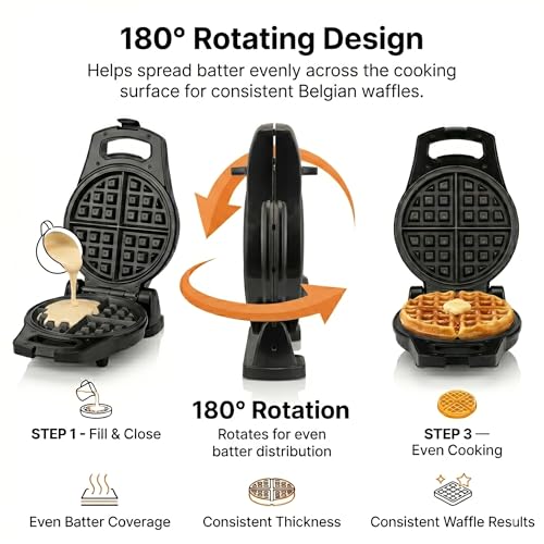 Moss & Stone Belgian Waffle Maker – Rotating Flip Design, 8-Inch Electric Waffle Iron, Non-Stick Grids for Easy Release & Clean, Adjustable Temperature, Compact Upright Storage, Black
