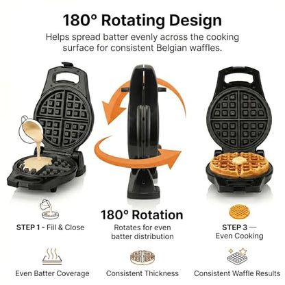 Moss & Stone Belgian Waffle Maker – Rotating Flip Design, 8-Inch Electric Waffle Iron, Non-Stick Grids for Easy Release & Clean, Adjustable Temperature, Compact Upright Storage, Black