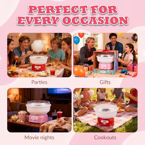 Cotton Candy Machine, Cotto Candy Maker for Kids with Cartoon DIY Stickers, 6 Paper Cones & Sugar Scoop, Homemade Candy Machine for Birthday, Party Gatherings,Christmas Halloween Gift, Pink (M.20)