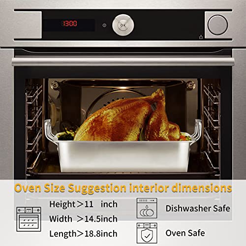 15 Inch Stainless Steel Roasting Pan with V-Shaped Rack and Turkey Baster - Rectangular Roaster for Turkey, Chicken, Vegetables - Fits 20lb Turkey