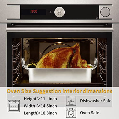 15 Inch Stainless Steel Roasting Pan with V-Shaped Rack and Turkey Baster - Rectangular Roaster for Turkey, Chicken, Vegetables - Fits 20lb Turkey