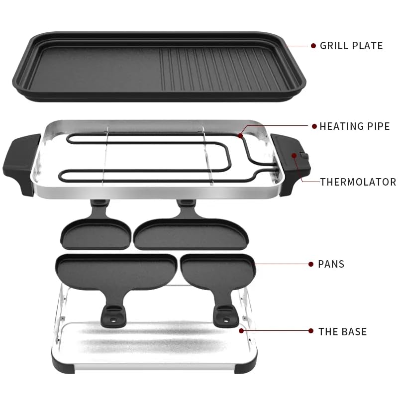 Maverstone Raclette Grill – Smokeless Indoor Electric Table Top Griddle with 1600W Fast Heating Dual-Zone Cooking - Stainless Steel - Easy Clean Nonstick Surface