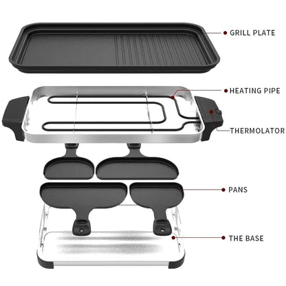 Maverstone Raclette Grill – Smokeless Indoor Electric Table Top Griddle with 1600W Fast Heating Dual-Zone Cooking - Stainless Steel - Easy Clean Nonstick Surface