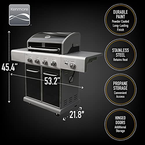 Kenmore 4-Burner BBQ Gas Grill with Searing Side Burner, Propane Grill, 52,000 BTUs, Warming Rack, Electronic Ignition & Cast Iron Cooking Grates, Black/Stainless Steel