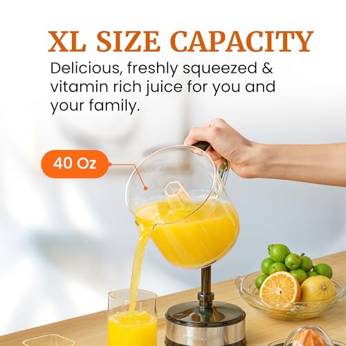 Elite Gourmet ETS047 BPA-Free 40-Watt Electric Citrus Juicer with 2 Cones, Compact, Large Volume, Pulp Control, Oranges, Lemons, Limes, Grapefruits with Easy Pour Spout, 1.2L, Black/Stainless Steel