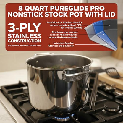 Viking PureGlide Pro 3-Ply Nonstick Stock Pot, Made without PFAS, 8-Quart Induction Soup and Pasta Cooking Pot with Lid, Metal Utensil Safe Titanium Nonstick Surface, Oven Safe to 600F