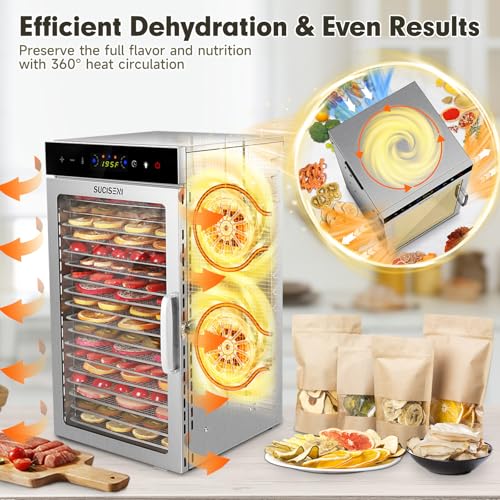 SUCISENI Food Dehydrator Machine 1000W 18 Trays Stainless Steel Commercial Food Dehydrated Dryer with 24H Timer Touch-Control LED Display, Compact Size for Home Jerky Herbs Meat Beef Fruit Vegetables