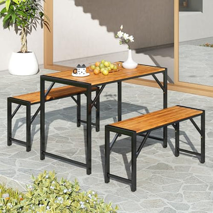 Tangkula 3-Pieces Patio Dining Set for 4 People, Outdoor Picnic Table & 2 Benches, 44" Acacia Wood Dining Table w/Metal Frame, Space-Saving Dinette Set for Garden Porch Poolside Yard Balcony