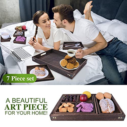 Wood Serving Tray with Handles, Set of 7 Rectangular Wooden Nesting Multipurpose Trays, Decorative Serving Trays Platter for Breakfast in Bed, Lunch, Dinner, Patio, Ottoman, Coffee Table, Party