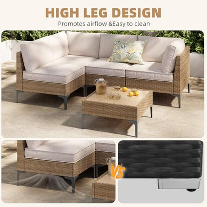 SunloungeCo 5-Piece Patio Furniture Set, Outdoor Wicker Sectional Sofa with Coffee Table, Anti-Slip & Thick All-Weather Cushions for Party, Garden, Backyard, Beige