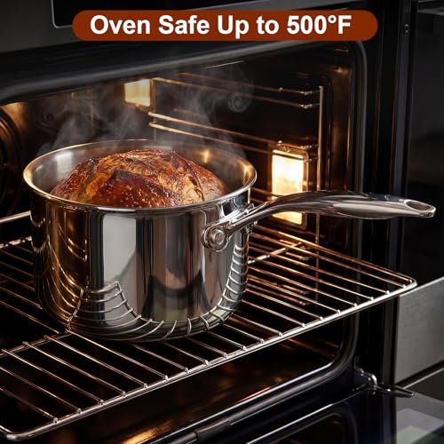 Cook N Home Classic Tri-Ply Clad Stainless Steel Saucepan with Lid, Multipurpose Sauce Pan Kitchen Pot for Cooking, Dishwasher & Oven Safe, Induction Compatible Cookware, 3-Quart