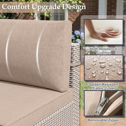 SnugVista Patio Furniture Set, 10-Piece Outdoor Sectional Sofa with 60,000 BTU Fire Pit Table & Ottomans, Wicker Patio Conversation Set with Coffee Table, Khaki Cushions