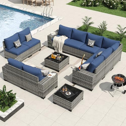 Aoxun 12 Pieces Patio Furniture Set Wicker Rattan Outdoor Sectional Conversation Set with Coffee Table and 4” Thickened Cushions, Gray Blue(Waterproof Cover Included)