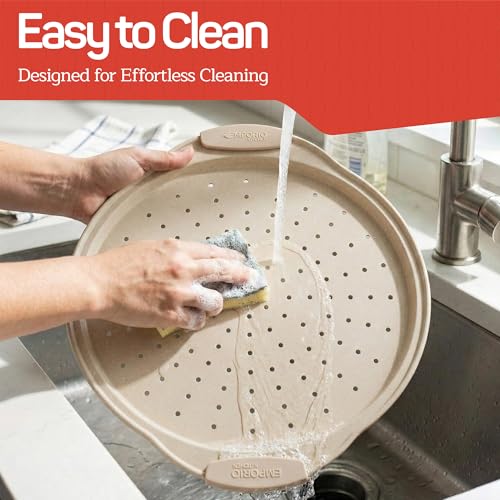Non-Stick Pizza Pan with Silicone Handle 2 Pack, 13 Inch Round Carbon Steel Tray with Perforated Holes, Dishwasher & Oven Safe Up To 450°F, PFOAPFOSPTFE Free, Durable Nonstick White Marble Coating
