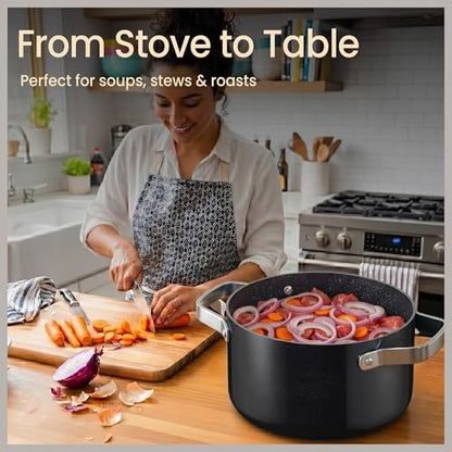 Bakken 16 Quart Ceramic Coated Stock Pot with Lid, Easy Clean Nonstick Pot, Tempered Glass Lid, Riveted Stainless Steel Handles, Oven Safe Up To 500°F, PTFE & PFAS Free, All Stove Compatible, Black