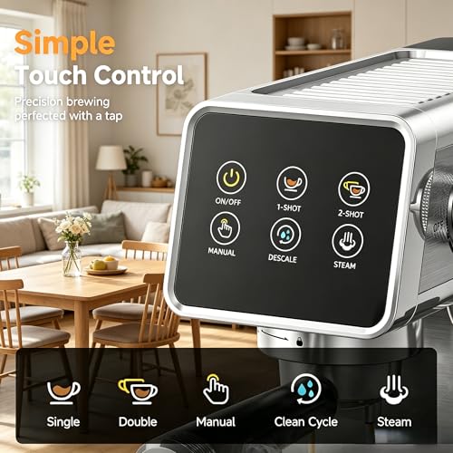 AMZCHEF Espresso Machine 20 Bar, Easy-to-Use Compact Coffee Maker with LED Touchscreen, Self-Cleaning & Milk Frother, Perfect Coffee Starter for Beginners, Lattes and Cappuccinos Machine