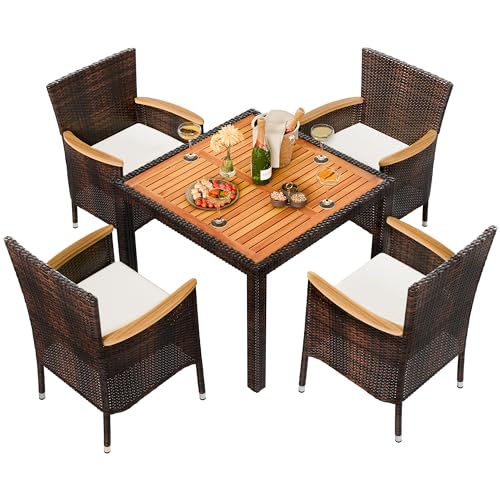Shintenchi 5 PCS Patio Dining Set, Wicker Outdoor Table and Chairs with Soft Cushions, Patio Furniture Set with Wood Table Top for Backyard, Deck and Garden, Brown Rattan