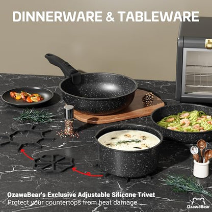 OzawaBear 26 Pcs Pots and Pans Set Non Stick, Ceramic Cookware Set Non Toxic with Detachable Handles, Healthy Induction Cookware Oven Safe RV Kitchen Set, PFAS PFOA & PTFE Free, Black