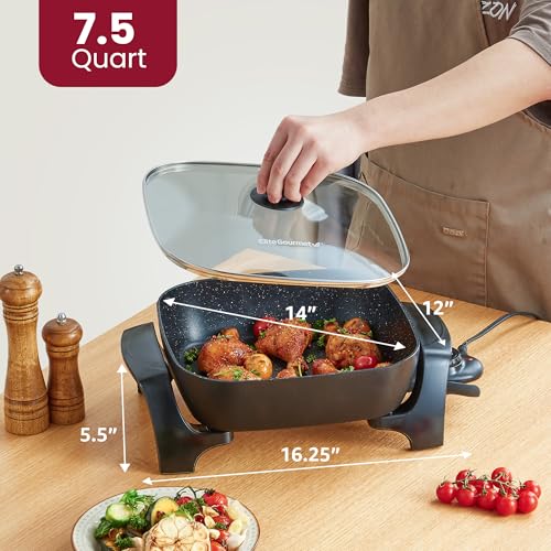 Elite Gourmet EG6201 Extra Deep 12"x12"x3.2" (7.5Qt.) Scratch Resistant Dishwasher Safe, Non-stick Electric Skillet with Glass Vented Lid, Adjustable Temperature, Black
