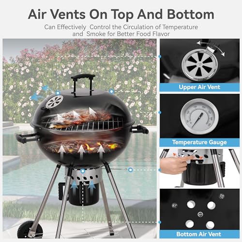 22 inch Kettle Charcoal BBQ Grill with Wheels for Outdoor Cooking