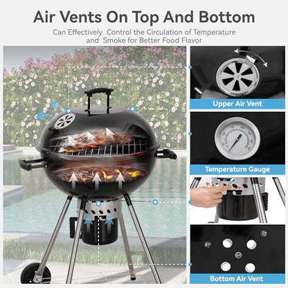 22 inch Kettle Charcoal BBQ Grill with Wheels for Outdoor Cooking