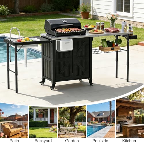 IWDOO Outdoor Kitchen Island with Storage Cabinet, 3-in-1 Movable Grill Cart with Stainless Steel Tabletop, 4 Swivel Wheels, Foldable Sink Rolling Bar Table Cart BBQ Food Prep Station for Patio, Black