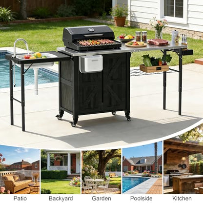 IWDOO Outdoor Kitchen Island with Storage Cabinet, 3-in-1 Movable Grill Cart with Stainless Steel Tabletop, 4 Swivel Wheels, Foldable Sink Rolling Bar Table Cart BBQ Food Prep Station for Patio, Black
