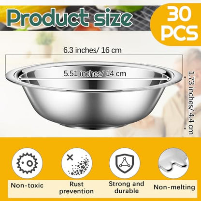 Tioncy 30 Pack Small Mixing Bowls, 3/4 Quart Stainless Steel Prep Bowl for Sauces, Snacks, Side Salads, 6.3 Inch Cooking Baking Bowls Set with Flat Base, Dishwasher Safe