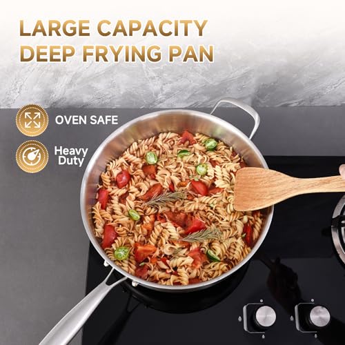 Inqibee Stainless Steel Saute Pan with Lid, 8 QT 13 Inch Tri-Ply Stainless Steel Deep Frying Pan, Large Skillet, Induction Compatible, All Cooktops, Oven & Dishwasher Safe
