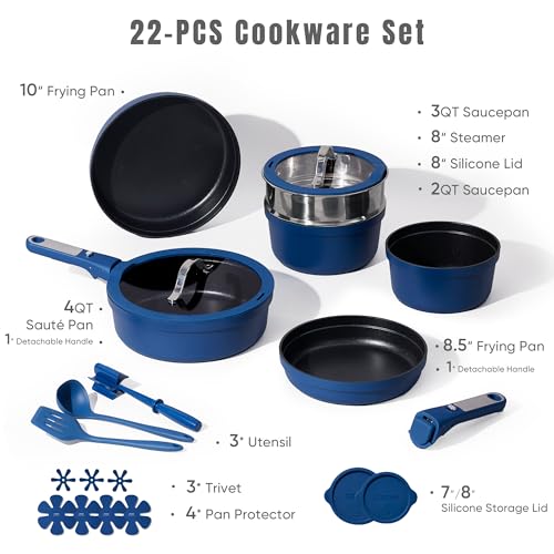 CAROTE 22pcs Pots and Pans Set Non Stick, Nonstick Cookware Set, Dishwasher/Oven/Fridge Safe Pots and Pans, Removable Handle RV Oven Safe Cookware, Induction Kitchen Set, Blue