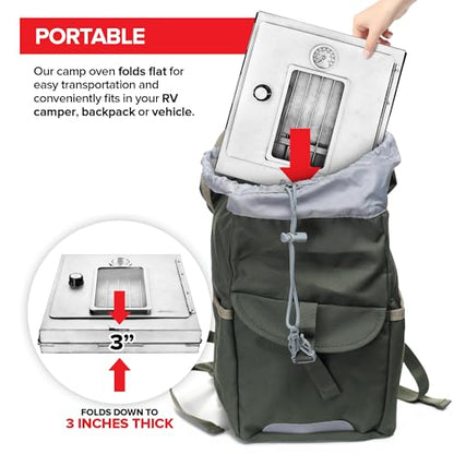 Modern Innovations Portable Camping Oven, Folding Camping Stove for Baking Cinnamon Rolls, Breads, and Muffins, Outdoor Portable Oven for Use with Wood Burning Fire, Propane Stoves, Campers, and More