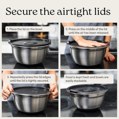 WHYSKO Stainless Steel Mixing Bowls with Lids Set - 5 Rustproof Metal Nesting Mixing Bowls for Kitchen, Meal Prep, Baking, Cooking, Storage - Includes 3 Grater Attachments, Dishwasher Safe