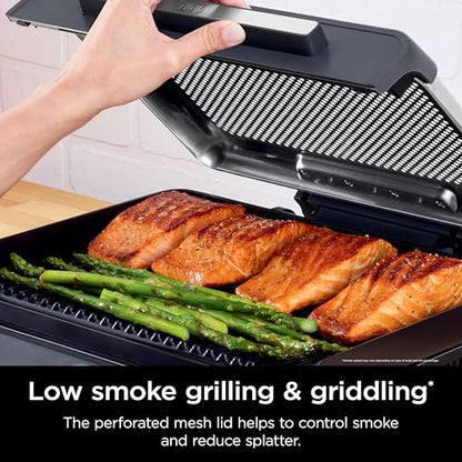 Ninja GR101 Sizzle Smokeless Indoor Grill & Griddle, 14′′ Interchangeable Nonstick Plates, Dishwasher-Safe Removable Mesh Lid, 500F Max Heat, Even Edge-to-Edge Cooking, Grey/Silver (Renewed)