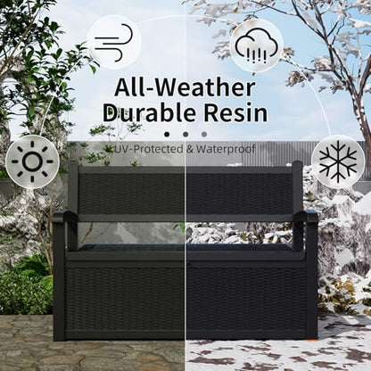 PatioZen 80 Gallon Outdoor Storage Bench Deck Box Waterproof Lockable,Outdoor Storage Furniture for Patio,Garden and Porch,Tools and Cushions（Black）