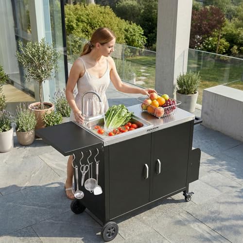 ROVSUN Outdoor Grill Cart with Sink, 304 Stainless Steel Sink, Movable Prep Table w/Cabinet, Rolling Kitchen Island w/Spice Rack and Hooks, Paper Racks for Backyard Cooking, Patio, Gardens