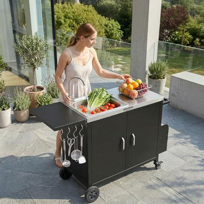 ROVSUN Outdoor Grill Cart with Sink, 304 Stainless Steel Sink, Movable Prep Table w/Cabinet, Rolling Kitchen Island w/Spice Rack and Hooks, Paper Racks for Backyard Cooking, Patio, Gardens
